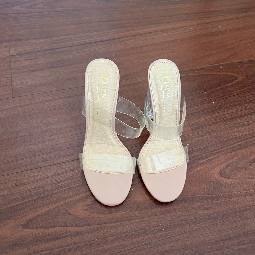 Olivia Miller blush nude slide sandals with clear straps